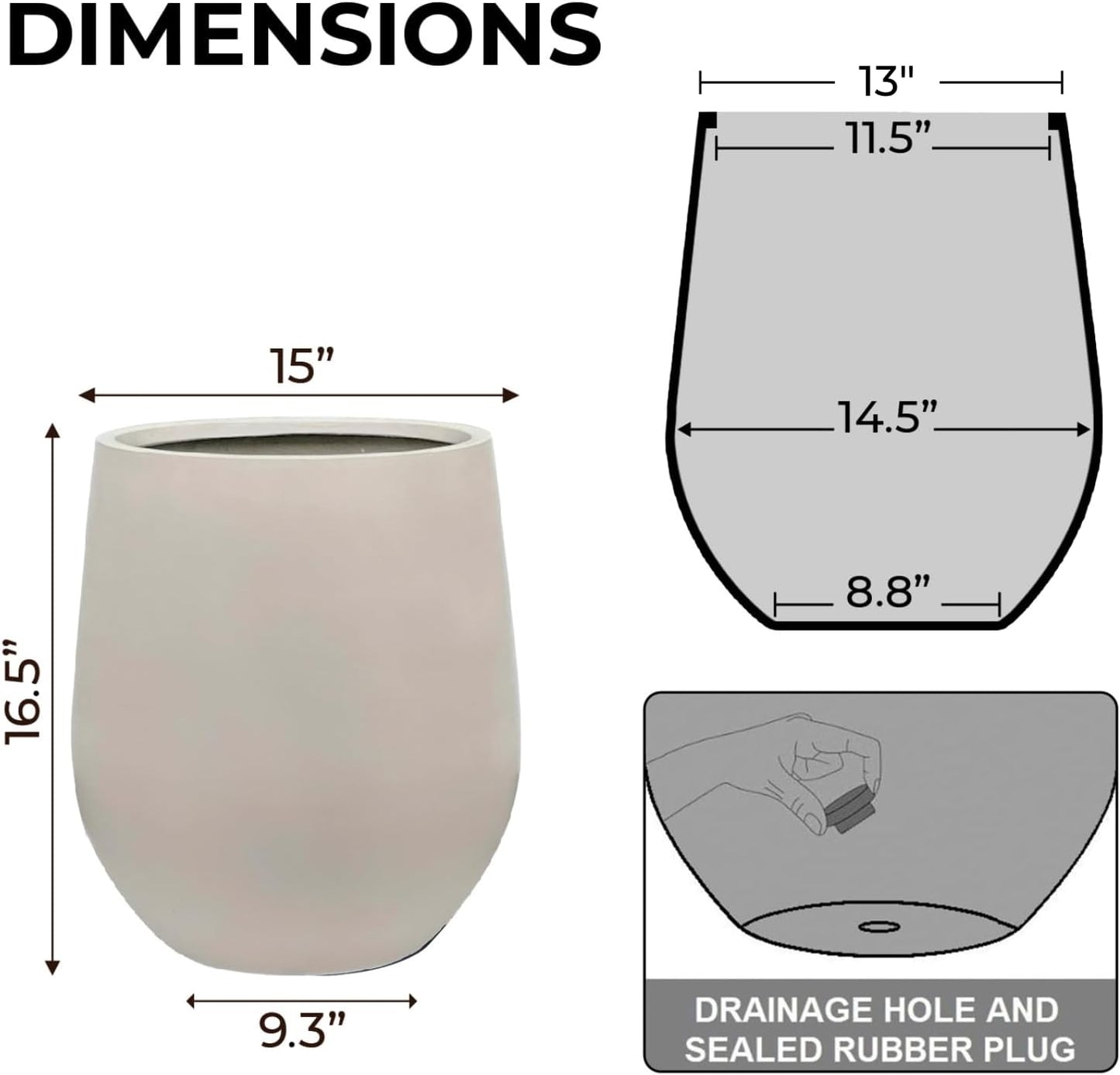 16.5" H x 15" D Corso Fiberstone Round Tapered Planter with Drainage Hole, Smooth Finishes, Weather Resistant for Indoor & Outdoor Use, Included 2 Extra Coco Mats (Taupe, 11.5" Pot Opening)