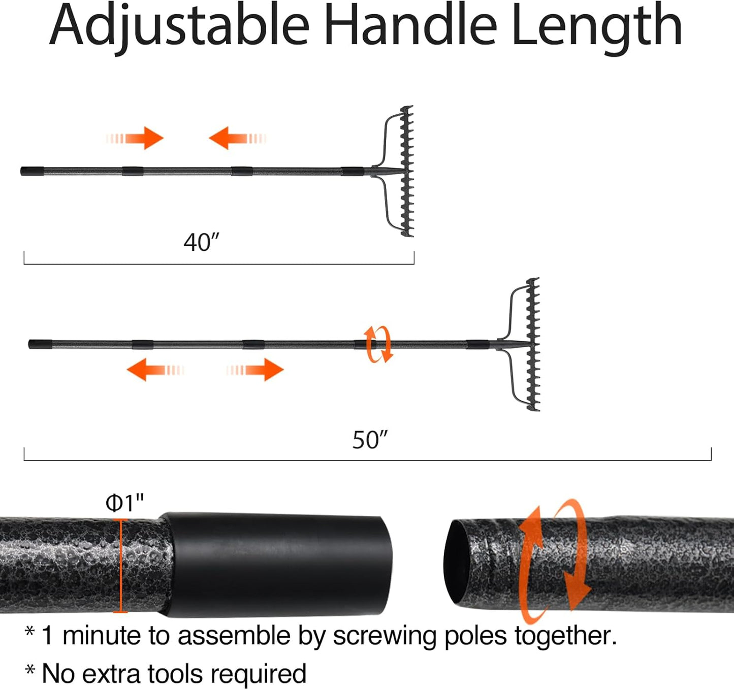 Bow Rakes for Lawns, 17 Prongs 17" Wide Heavy Duty Metal Garden Rake Long Handle 50", Adjustable Rock Yard Thatch Rake for Leaves Gardening Loosening Soil Mulch Gathering Leaf