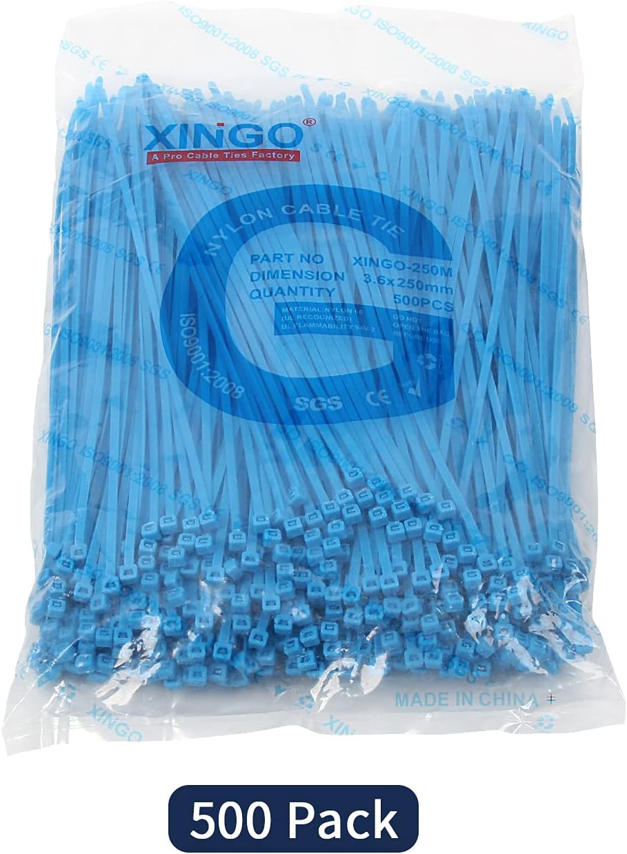 XINGO 10 Inch Cable Zip Ties (500 Pack), 40 Lbs Tensile Strength-Heavy Duty, Self-Locking Nylon Plastic Nylon Wire Ties for indoor and outdoor (Blue)