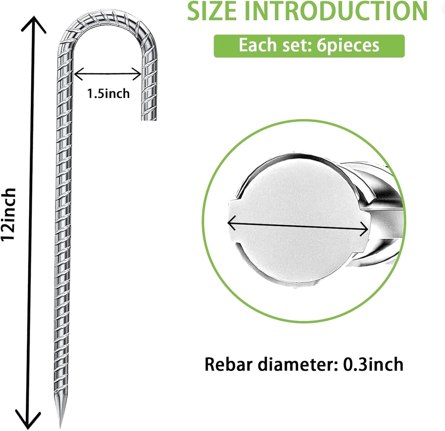 Rebar-Stakes-12-Inch, Ground Stakes Heavy Duty for High Winds Galvanized Anti-Rust J Hook 6pcs Metal Stakes for Ground Heavy Duty Ground Anchors for Garden Dog Fence Chicken Coop Water Pipe