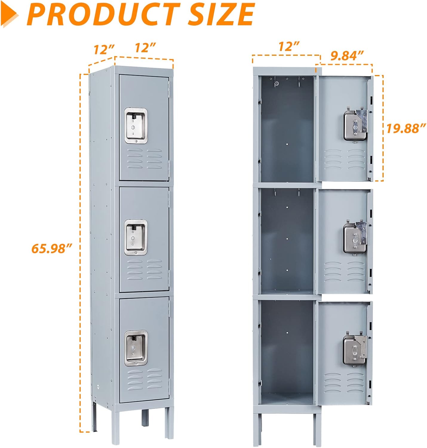 Metal Locker for School Home Office Gym, Steel Storage Lockers for Employees Students, 3 Tier Metal Storage Locker Cabinet with 3 Doors (Grey)