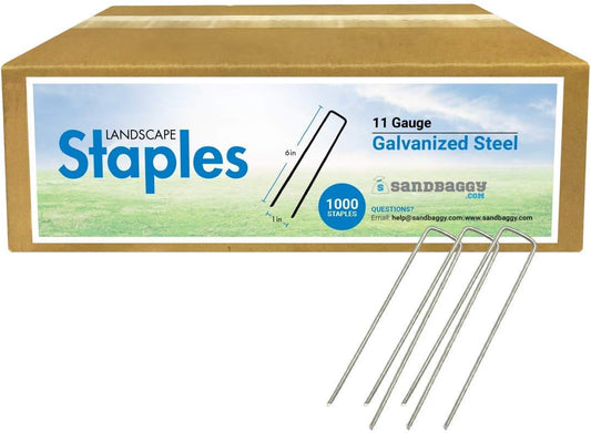 Sandbaggy 6 Inch Long Galvanized Landscape Staples ~ SOD Staples Garden Stakes Square Pins (1000 Staples)