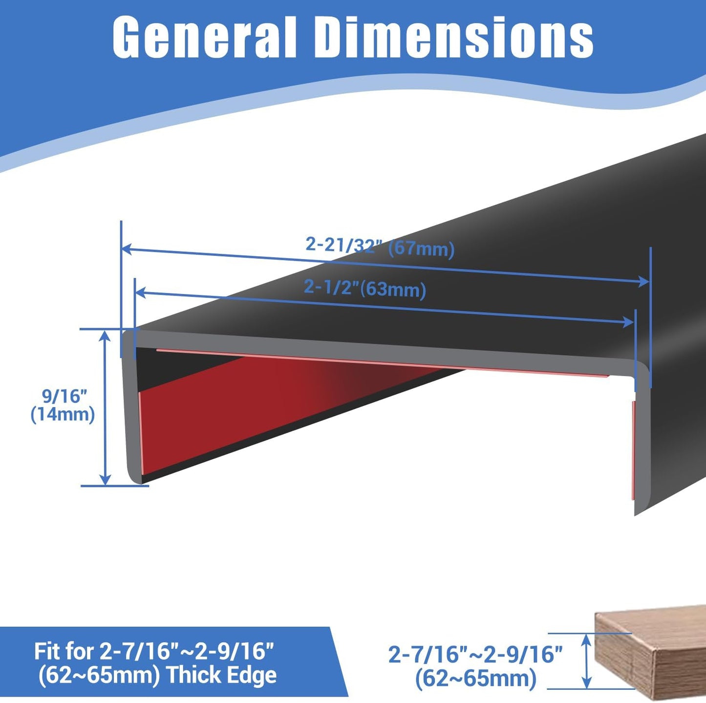 Big Size Rubber Edge Trim, 2-1/2 inches Self-Adhesive U Channel Edge Protector for Woods, Flexible U Shaped Peel and Stick Edge Banding, Edge Guard, Fit 2.5"(63mm), 10Ft, Black