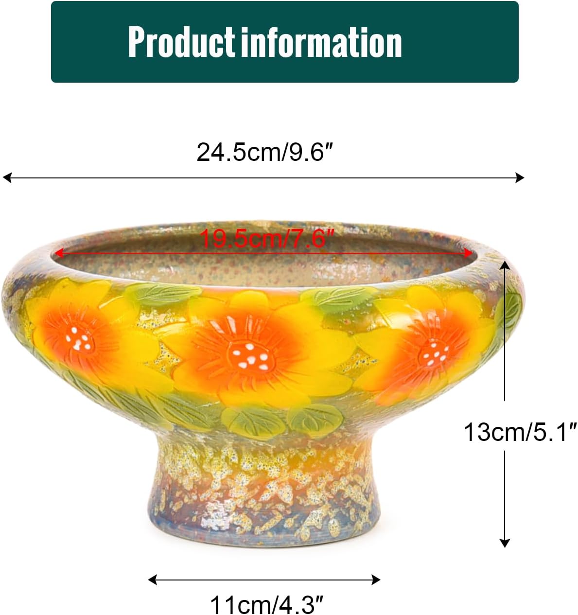 Sungmor 9.6 Inch Large Succulent Plant Pots, Pretty Hand Painted Ceramic Planter with Drainage, Indoor Outdoor Cactus Planter Bonsai Pot, Flower Pot for Indoor Plants Garden Windowsill Desktop Decor