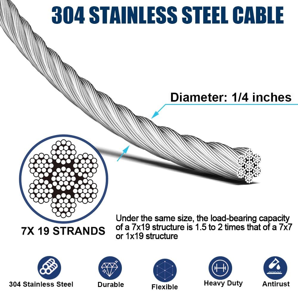 1/4" Wire Rope Kit, 100ft Stainless Steel Cable with 2Pcs 1/4 Turnbuckle, Clamp & Thimble, 7x19 Strands Heavy Duty Metal Cable,1400 lbs Load Limit, Turnbuckles for Cables Wire, Zipline