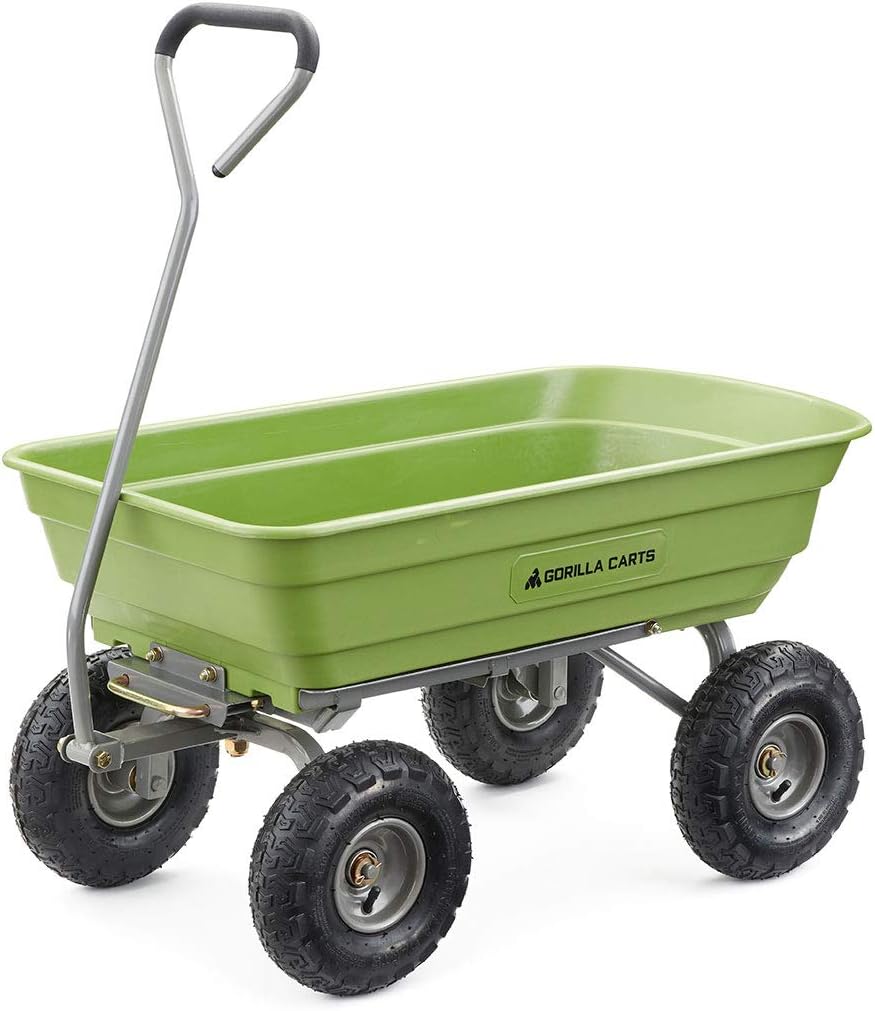 Gorilla Carts Poly Garden Dump Cart, 4 Cu Ft Tub, 600 lb Haul Capacity, Green – Heavy-Duty Utility Wagon with Quick-Release Dumping & Pneumatic Tires for Yard, Landscaping and Gardening