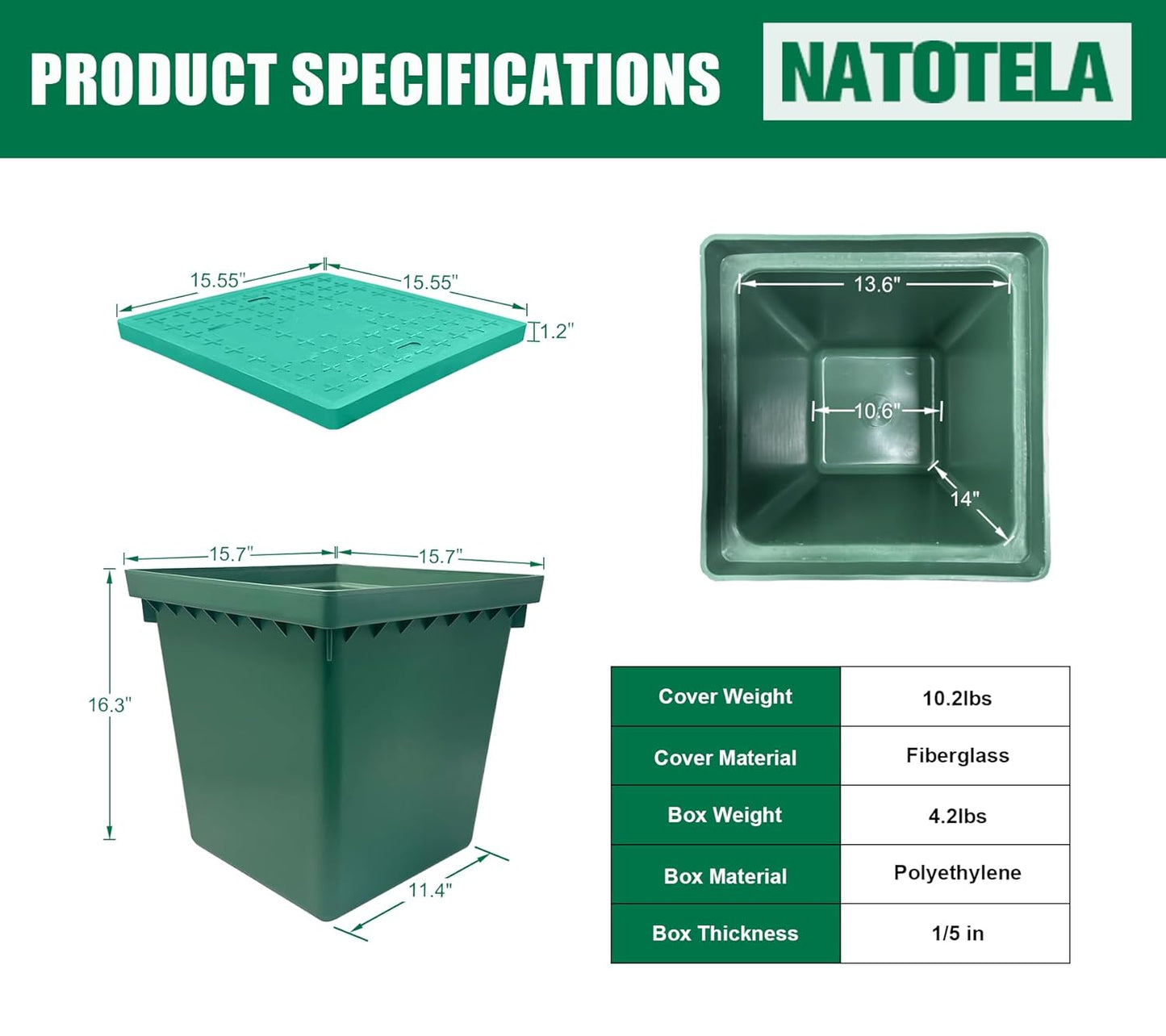 2 Sets 16x16x16in Underground Splice Box W/FRP Inspection Cover Deep Enclosure Box Bucket Polyethylene Distribution Pit Access Electrical Junction Box Drillable Tapered Wiring Box for Cable