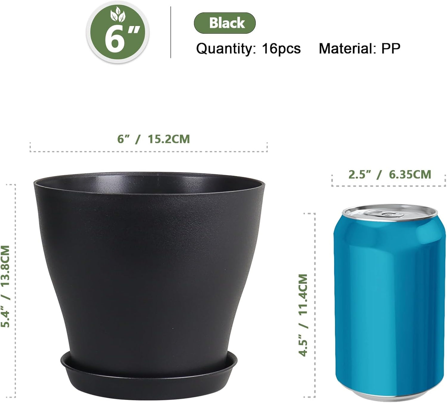 6 inch Plastic Nursery Pots, 16 Pack Plant Pots for Small Indoor Outdoor Plants, Flower Pots with Drainage Holes and Saucers, Decorative Seedling Starter Planters for House Plants, Black
