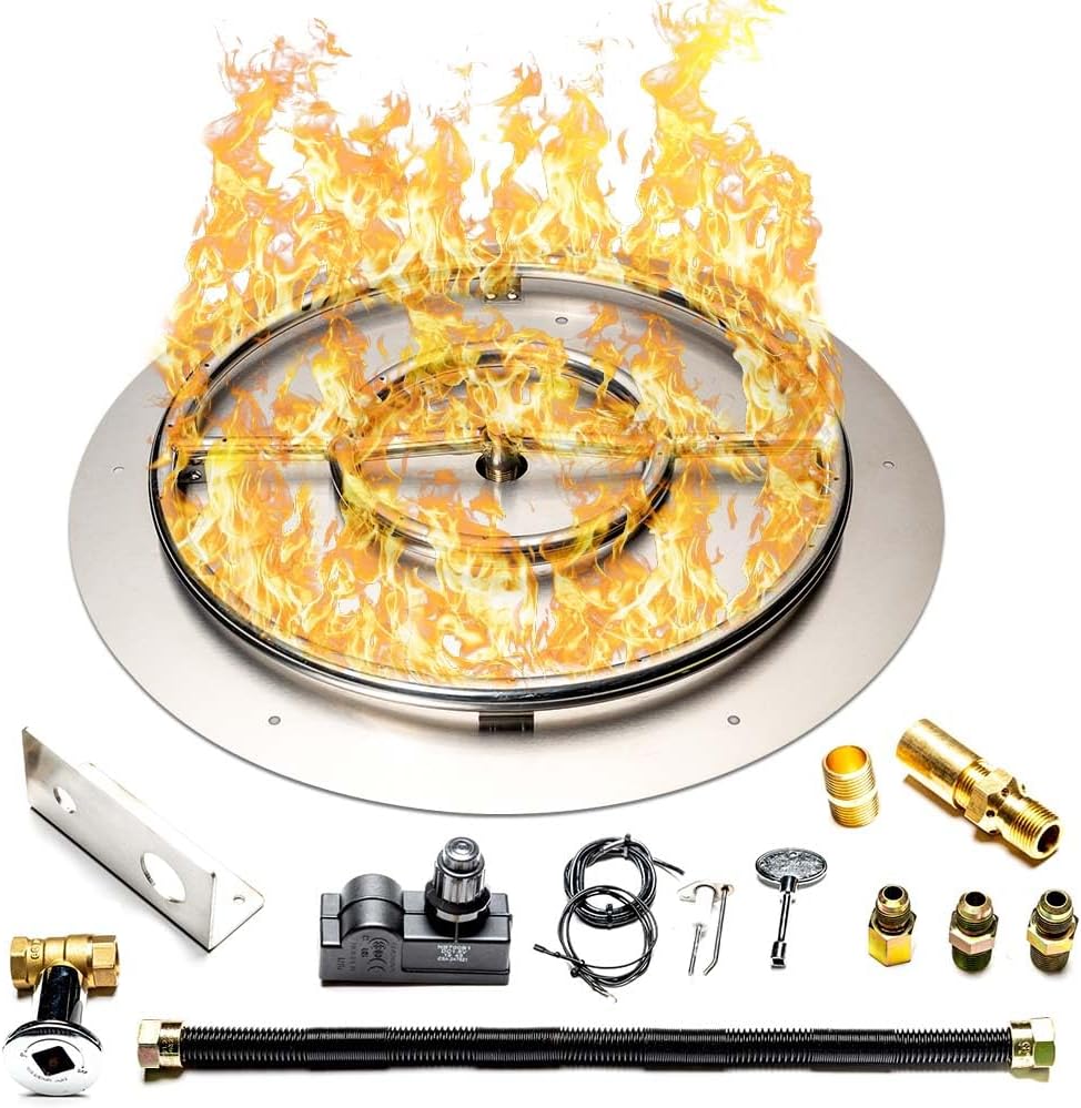 Stainless Steel Fire Pit Burner Pan & Ring Standard Kit with Spark Ignition for Liquid Propane, 22-Inch Pan, 18-Inch Ring, 150,000 BTU Max