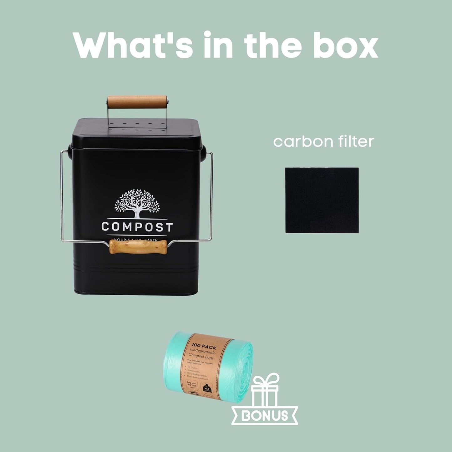 PERFNIQUE Kitchen Compost Bin, 1.7 Gallon Countertop Compost Bin with Lid, Indoor Compost Bin Includes 2 Carbon Filters, Small Compost Bucket, Food Waste Bin for Kitchen with Trash Bags (Matte Black)