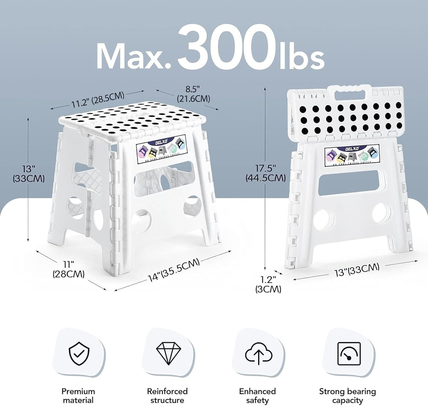 Delxo 13" Folding Step Stool for Kids and Adults, Non-Slip Foldable Step Stools with Handle,Plastic Portable Folding Stool for Bathroom,Bedroom,Kitchen,Hold up to 300lbs White