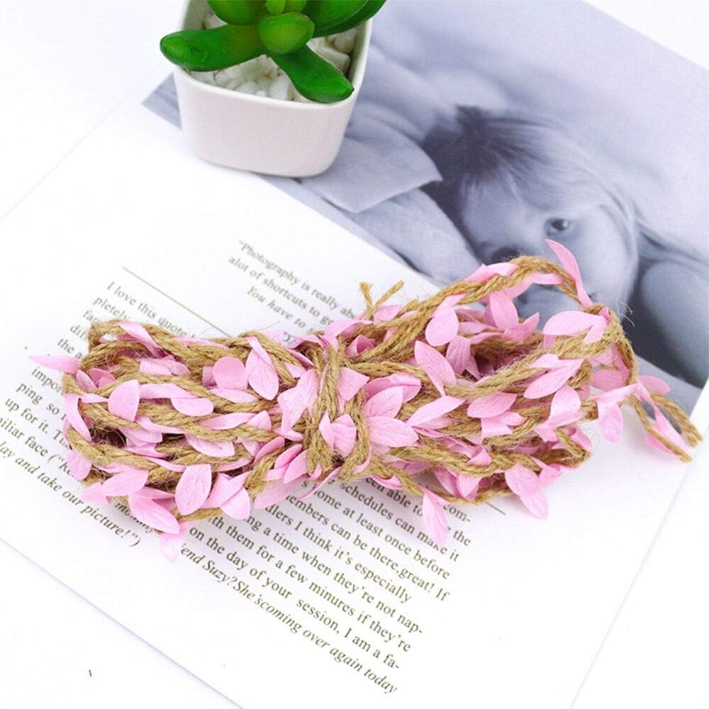 Burlap Leaf Ribbon 2 Rolls 66 Feet 5mm Jute Burlap Twine Vine with Artificial Leaves for Crafts Jungle Garland Party Wedding Garden Home Decoration Pink