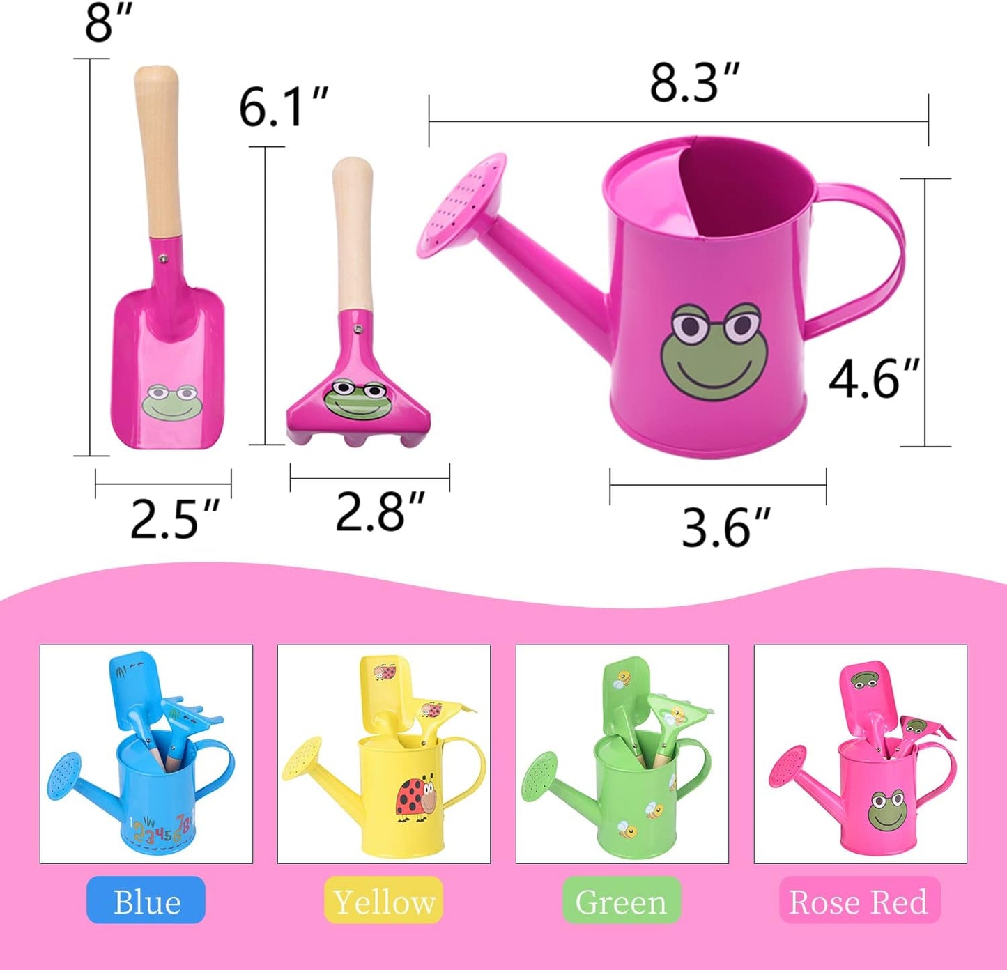 Sungmor Small Watering Can Set Cute Little Gardener Kit | Package Includes 3PC Rose Red Frog Watering Can & Trowel & Rake Gardening Hand Tools | Perfect for Garden,Yard or Beach