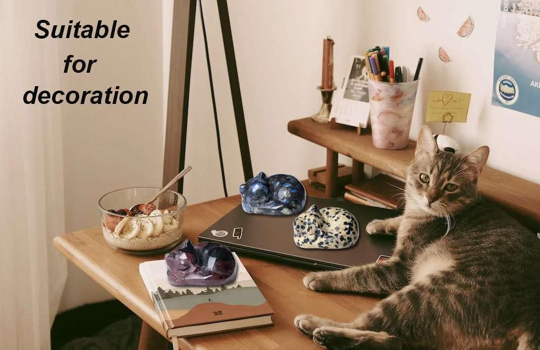 LAIDANLA Blue Labradorite Cat Healing Crystals Figurine Sleeping Cat Hand Carved Cute Statue Polished Stone Sculpture Reiki Office Room Bedroom Desk Home Decoration Gifts 1.6"