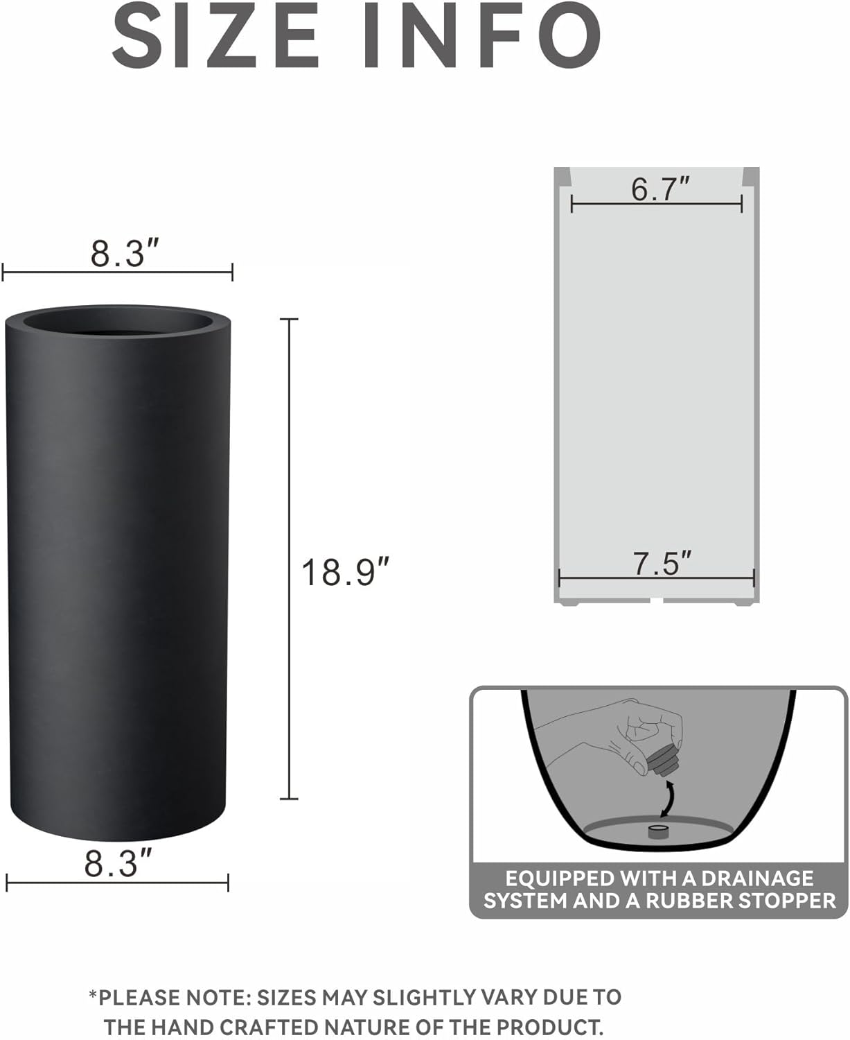 Kante 18.9 Inch Tall Cylindrical Planter, Large Round Plant Pots with Drainage Hole, Made with Concrete, Suitable for Indoor Outdoor Plants, Home Decor, Black