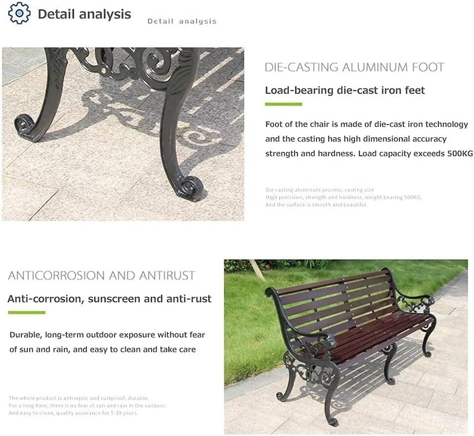 Outdoor Bench, Porch Bench, Garden Park Bench, Cast Aluminum Preservative Wood Bench with Backrest and Armrests for 2-3 People Porch/Deck/Patio Furniture(Teak+Black Legs,150CM)