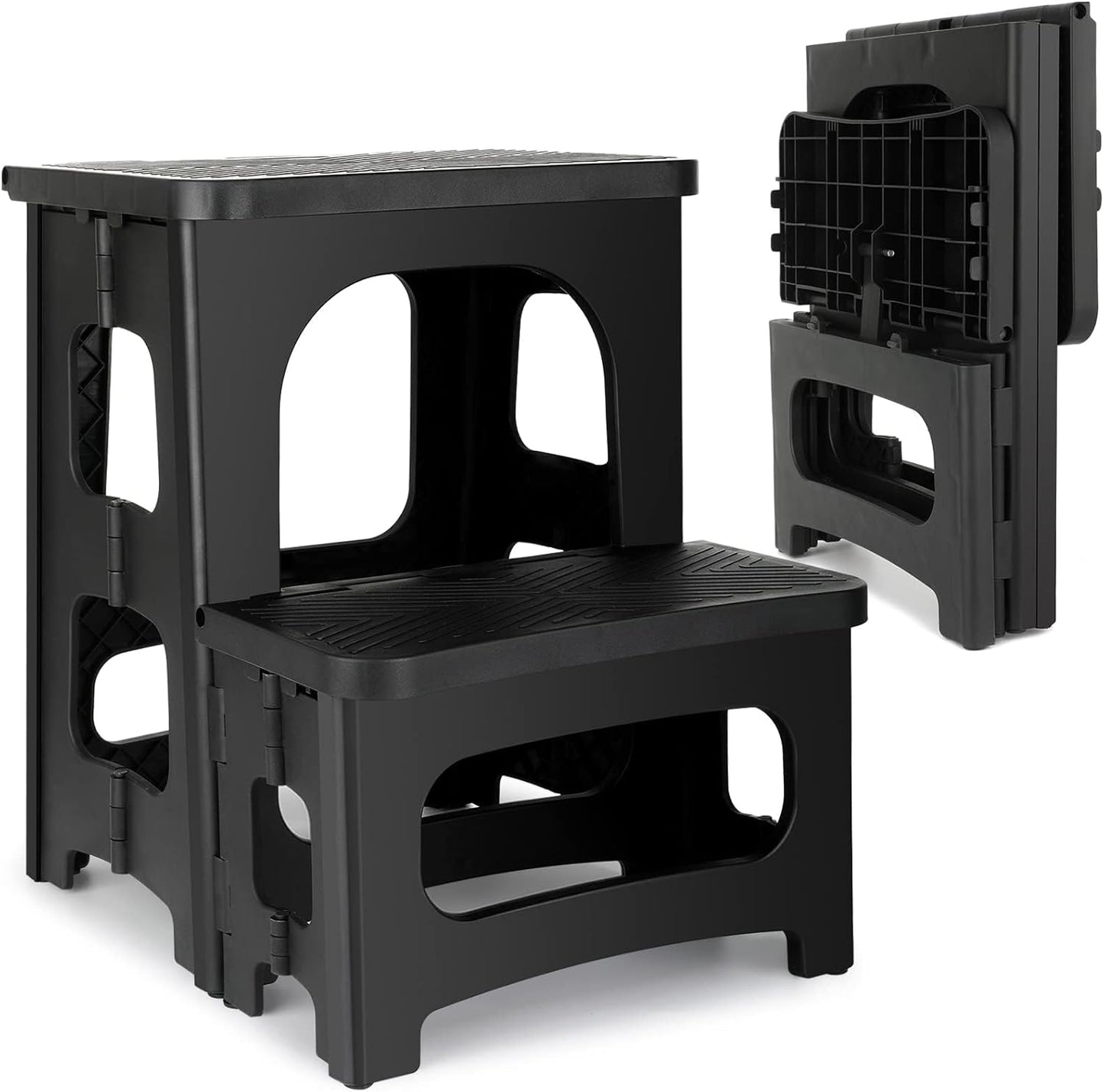 Amoise Folding 2-Step Stool, Non-Slip Portable Footstool 8'' & 17'' Dual Heights, Holds 300 lbs, Portable Footstool for Kitchen Home Toilet Bedroom Office Bathroom RV(Black)