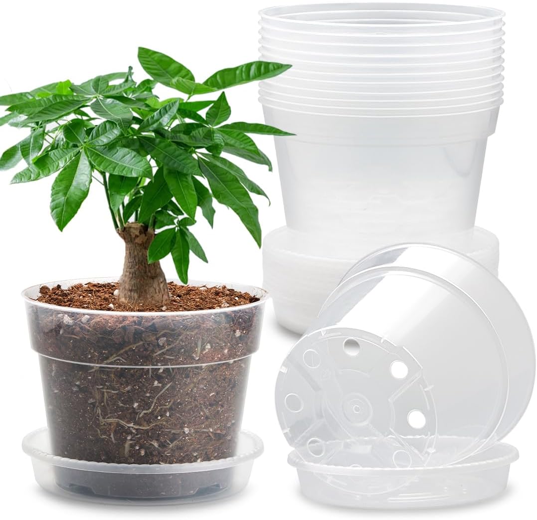 12 Pack 7 Inch Clear Nursery Pots with Saucer, Transparent Plastic Plant Pots with Drainage Holes, Sturdy Plant Starter Pots, Planter Pot for Planting Succulent Flower Herb Vegetable, Gardening Gifts