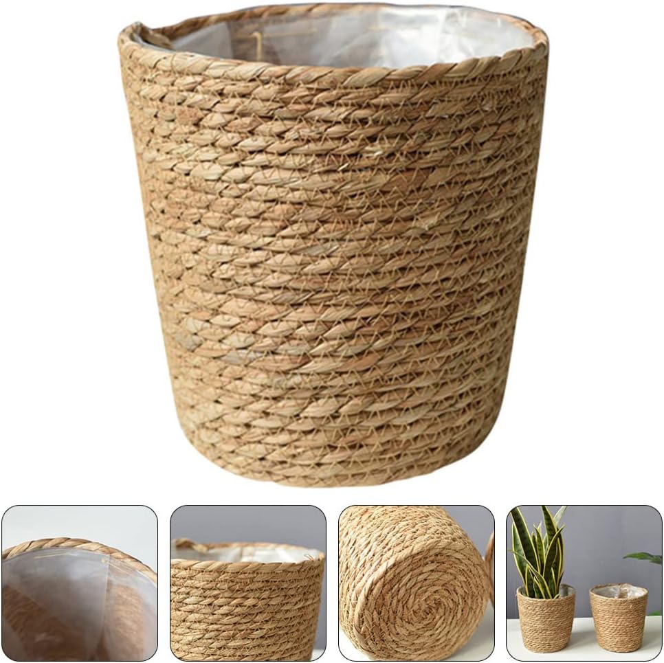 Home Decor Woven Straw Flower Pot Seagrass Planters Basket Garden Plant Pot Containers Wicker Rattan Vase Sundries Organizer Storage Bins for Indoor Outdoor Plants Vintage Decor