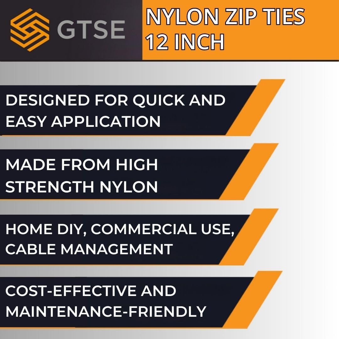 GTSE 12 Inch Yellow Zip Ties, 100 Pack, 50lb Strength, UV Resistant Long Nylon Cable Ties, Self-Locking 12" Tie Wraps