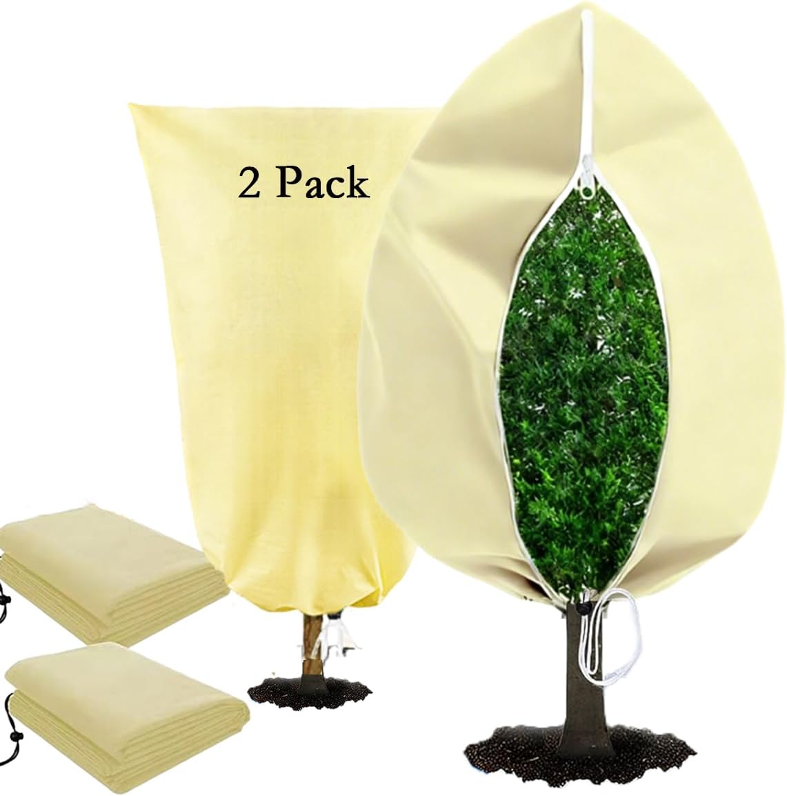 gardtree Winter Plant Frost Protection Covers 31.5" x 47.2" 2 Packs, Thicker 2.4oz/yd² Garden Cold Weather Tree Covers Freeze Protection Wrap with Zipper Drawstring for Shrub Fruit Tree, Potted Plants