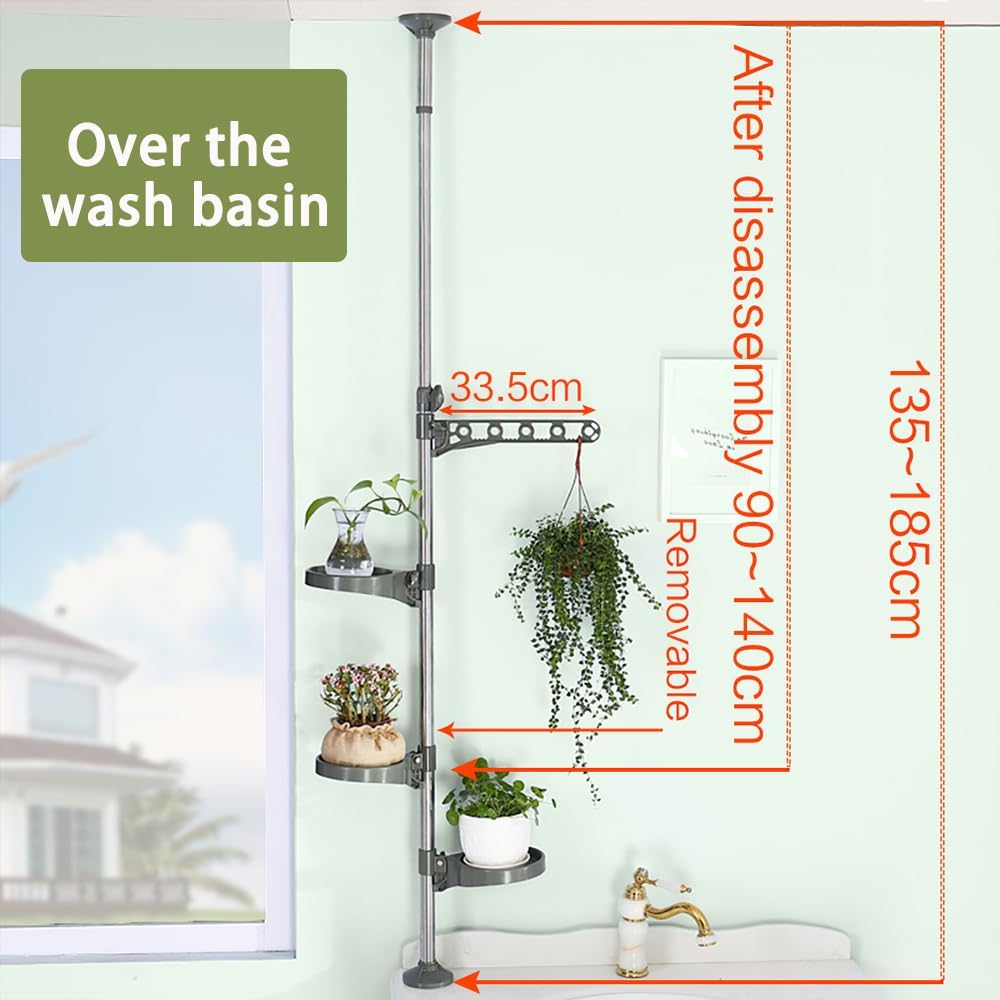 Hershii Indoor Plant Stand Pole Tension Rod Corner Standing Shelf Adjustable Flower Pots Holder Display Rack with 1 Hook & 3 Trays - Grey