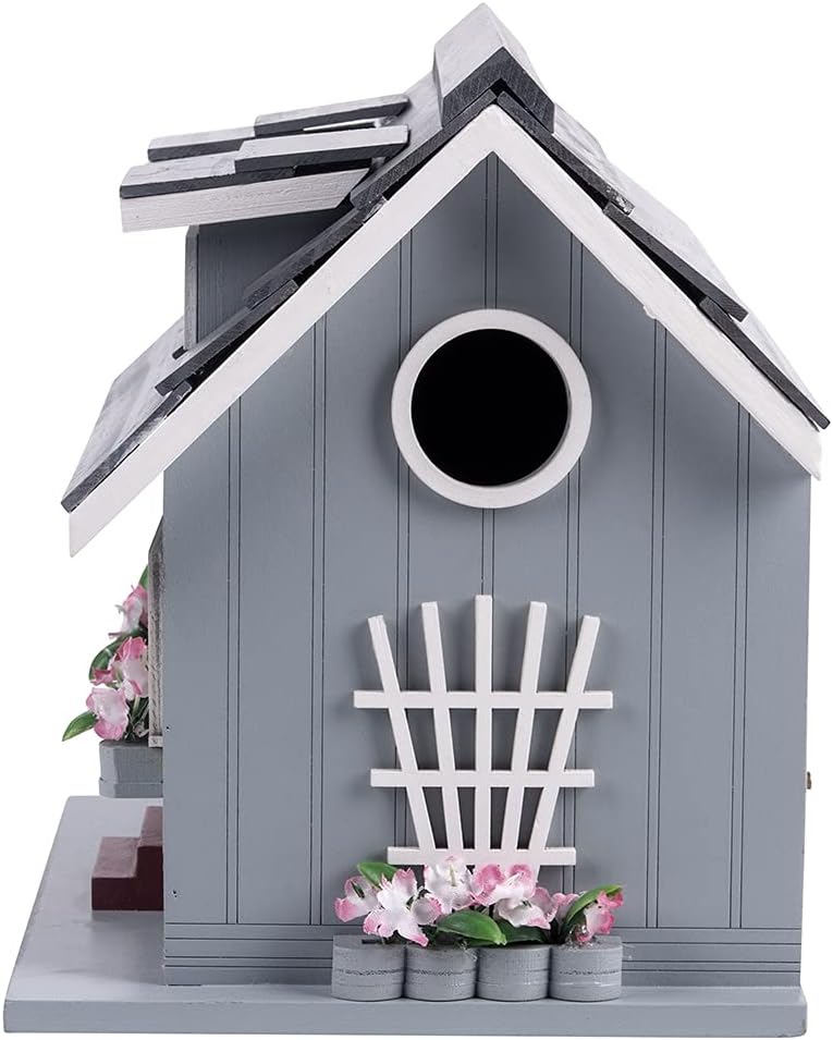 Decorative Wooden Birdhouse for Outdoor Hanging – Handcrafted Miniature Cottage Style with Blue Roof, Front Porch, and Balcony – Garden or Backyard Décor for Wild Birds (Beach House)