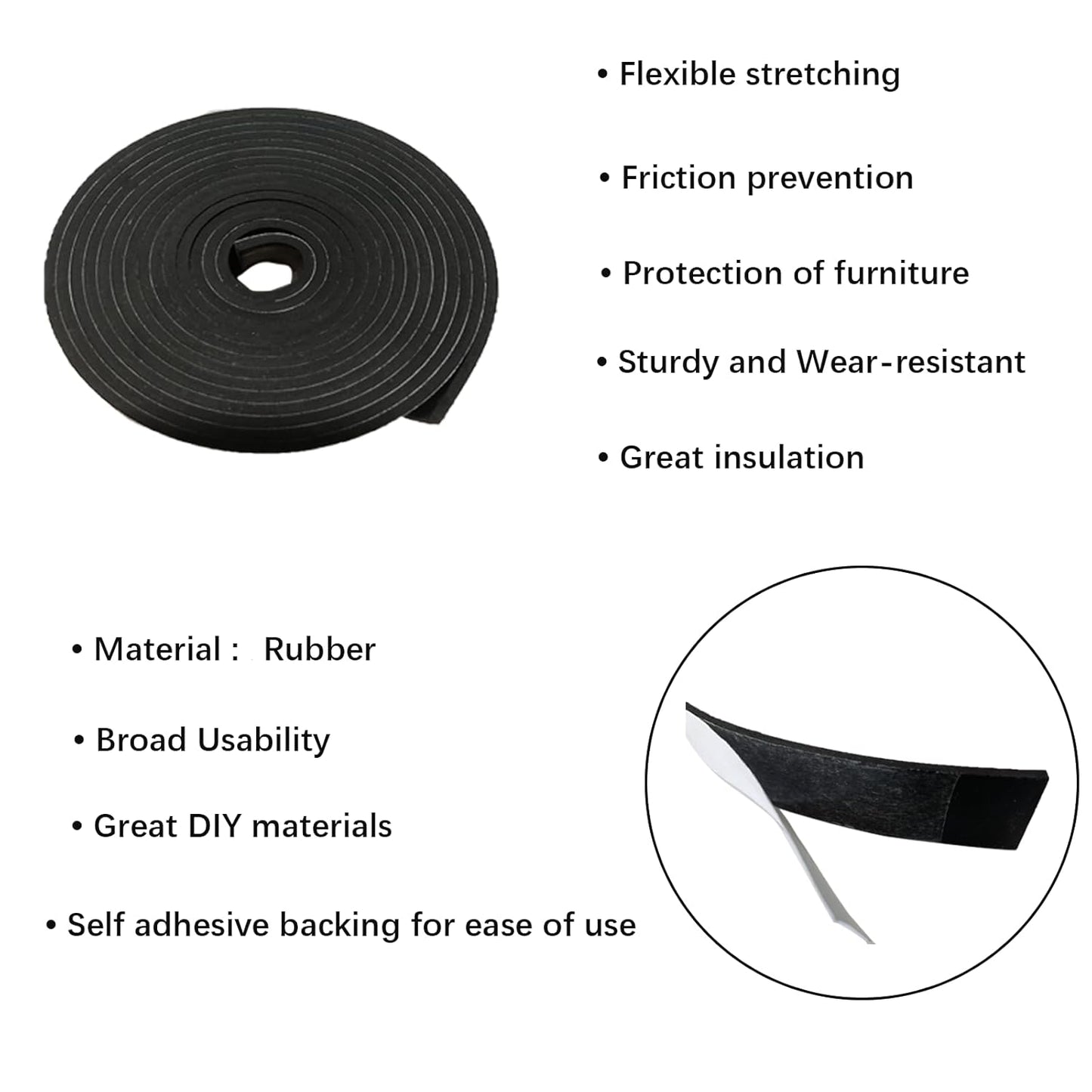 Solid Rubber Strips with Adhesive 1/8 (.125)" Thick X 1" Wide X 10'Long, Solid Rubber Sheet Rolls Self Adhesive for Anti-Slip, Anti-Vibration (1" X10'X1/8")