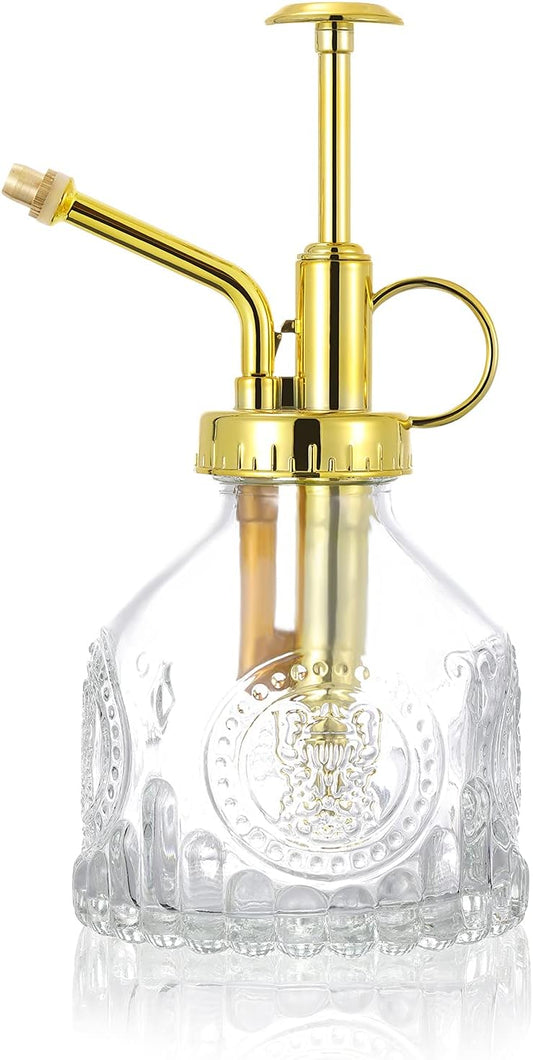 Glass Plant Mister Spray Bottle, Vintage Succulent Water Sprayer with Golden Top Pump, Small Sprayer Mister for Indoor Outdoor House Plants - Clear