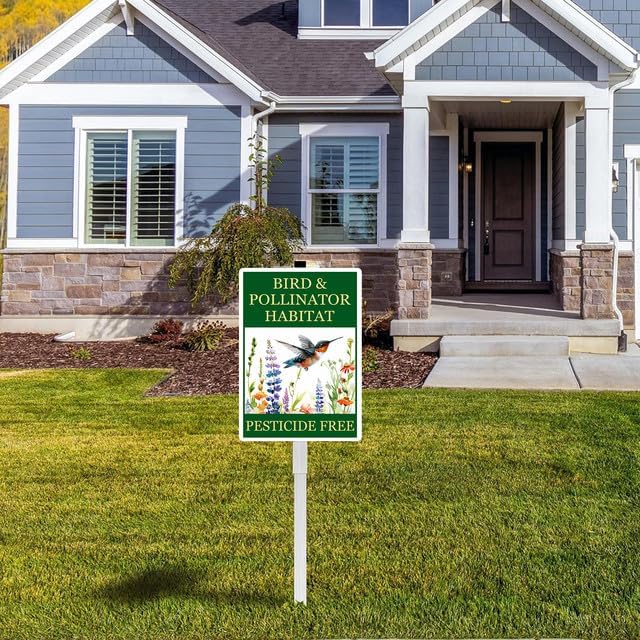 Bird and Pollinator Habitat Pesticide Free Yard Sign With Stakes 7x9.8inches Rustproof Reflective Aluminum Pollinator Friendly Garden Sign Stand Hummingbird Outdoor Decor