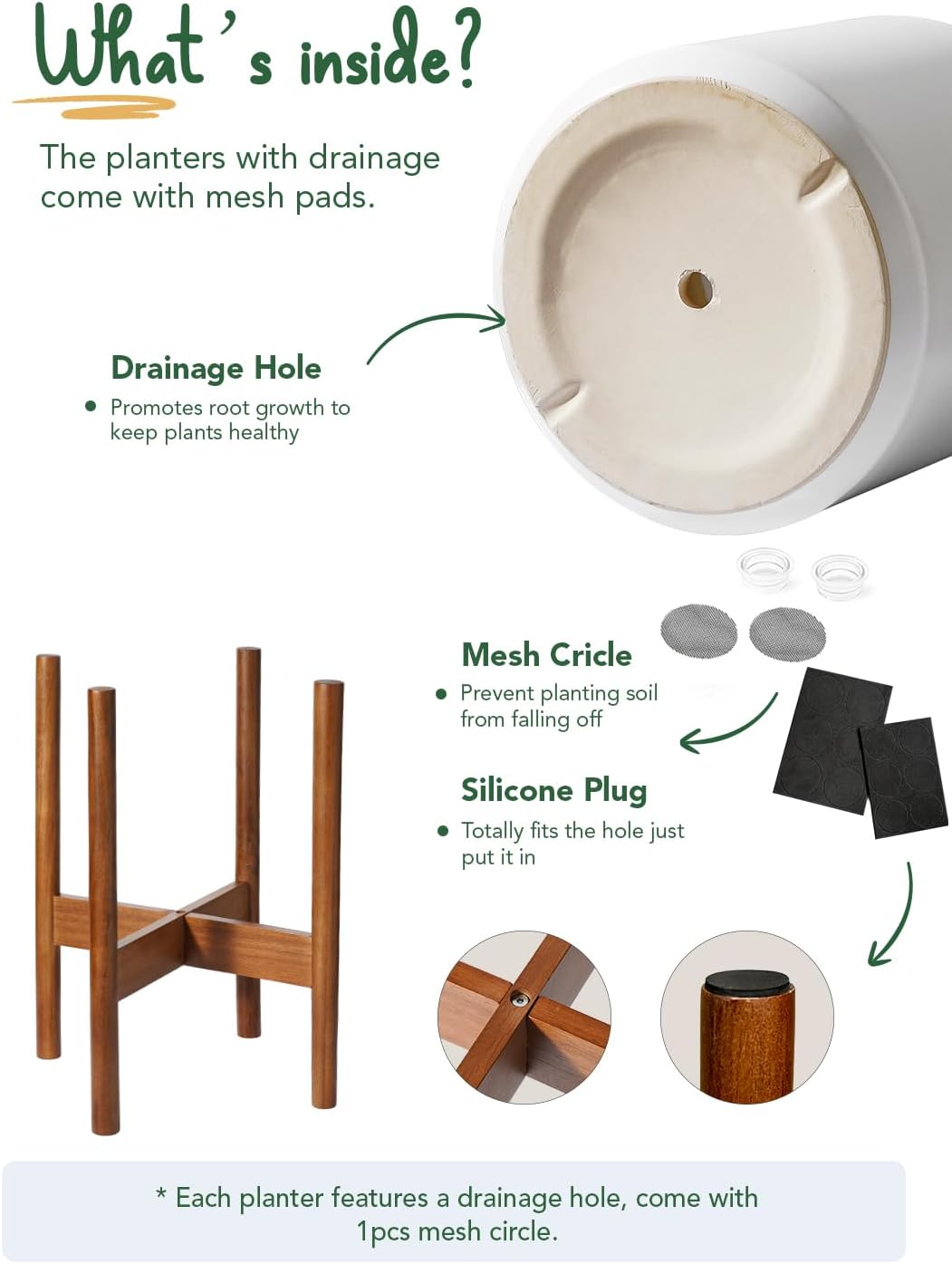 LE TAUCI Indoor Planter with Stand, 10 + 8 Inch, Set of 2, Ceramic Pot for Indoor Plants with Acacia Wood Holder, Mid-Century Modern Home Decor, Round Flower Pots with Drainage Hole, White