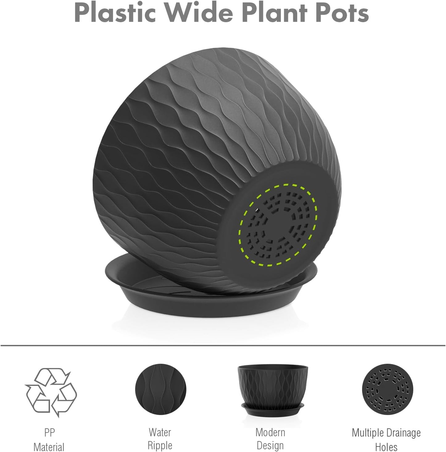 12/10/9 inch Large Plant Pots, 3 Pack Wide Flower Pots for Outdoor Indoor Plants with Water Ripples, Big Plastic Planters with Drainage Holes and Saucers for Garden House Plants, Black