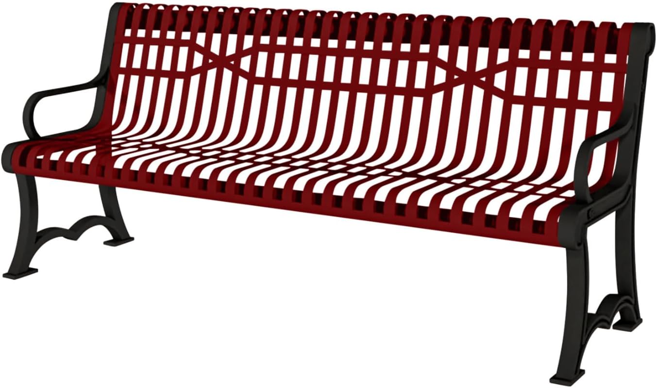 Heavy-Duty Outdoor Bench Thermoplastic Coated, Slatted Steel, Commercial-Grade Garden Bench, Made in America (Portable with Back, 4 Ft, Textured Burgundy)