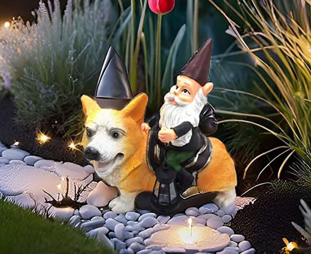 Solar Gnome Corgi Statues Lights Garden Statue Lamp for Patio Balcony Yard Lawn Corgi Gifts Gnome Gifts