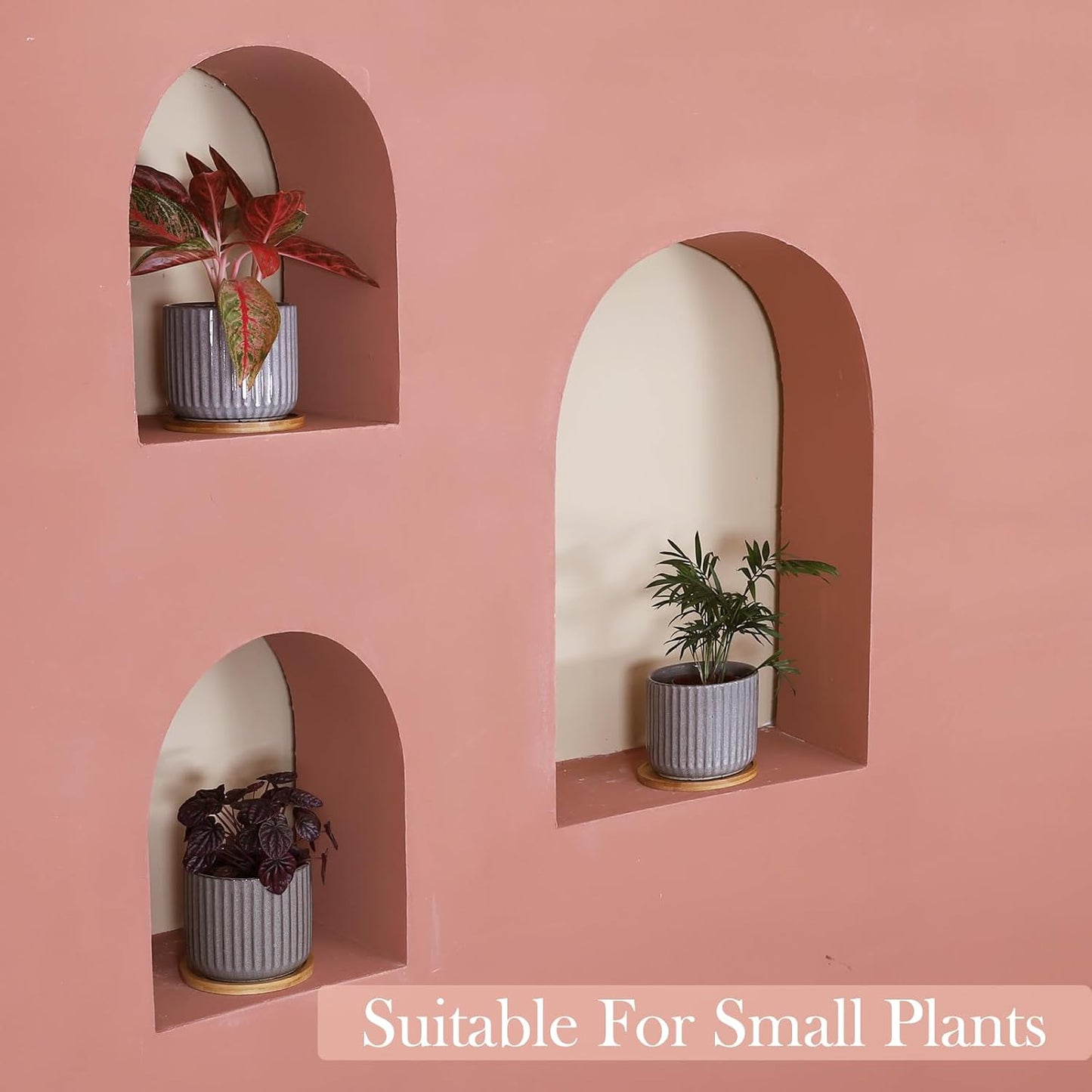 5.25 Inch Ceramic Plant Pots with Drainage Holes and Trays, Vertical Stripes Planter Pot with Saucers for Indoor Flowers, Succulent, Snake Plants, Cactus & Herbs, Grey-Green, Set of 4