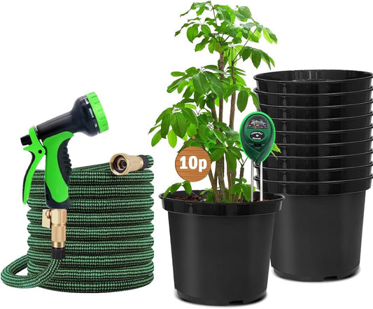 5 Gallon Nursery Pots (10-Pack) + 50ft Garden Hose with Spray Nozzle + 3-in-1 Soil Tester for Moisture/Light/pH | All-in-One Gardening Kit for Indoor/Outdoor Plants, Gardening Gifts for Women