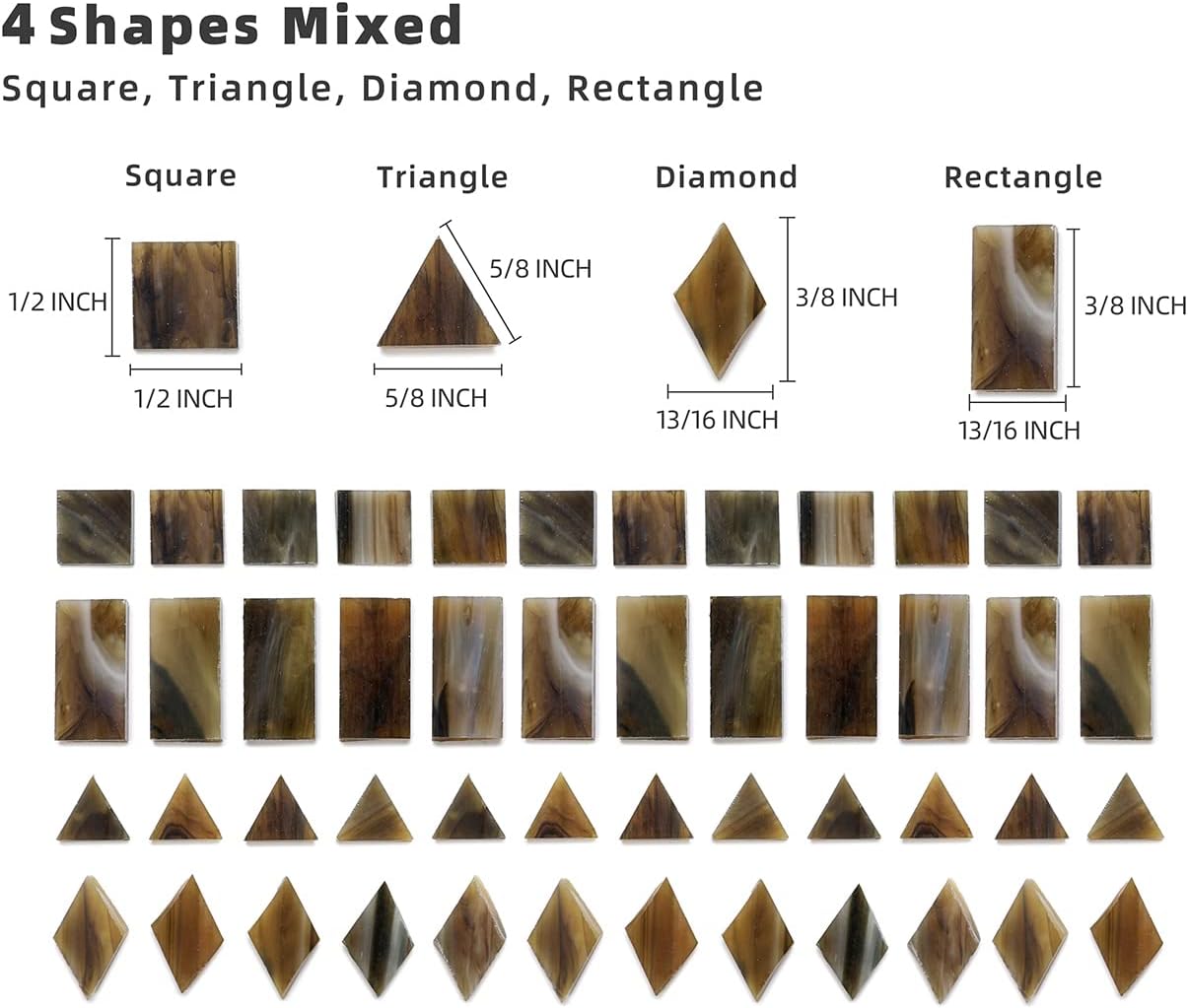 Lanyani Glass Mosaic Tiles for Art Crafts, 4 Shapes Mixed Tiffany Stained Glass Pieces, 200 Pieces, Square/Rectangle/Diamond/Triangle,Coffee