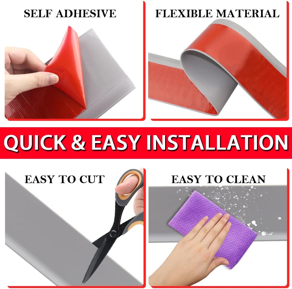 Vinyl Wall Base Baseboard Molding Trim 4" Flexible Self Adhesive Rubber Wall Base Moulding Trim Peel and Stick Design, 4 Inch x 60 Feet, Gray