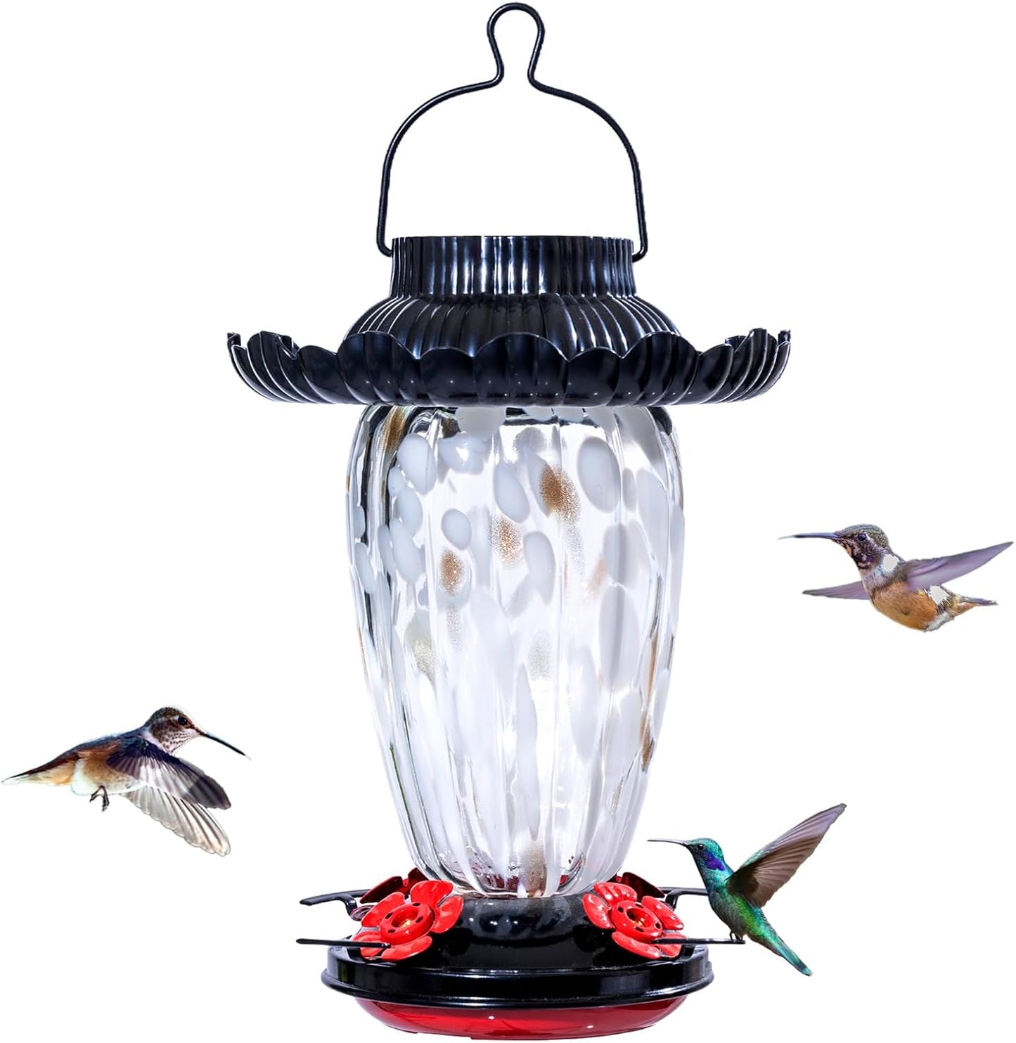 Muse Garden Solar Hummingbird Feeders for Outdoors Hanging, 38oz Hand Blown Glass Humming Bird Feeders for Garden Decor, Moms Birthday Unique, White
