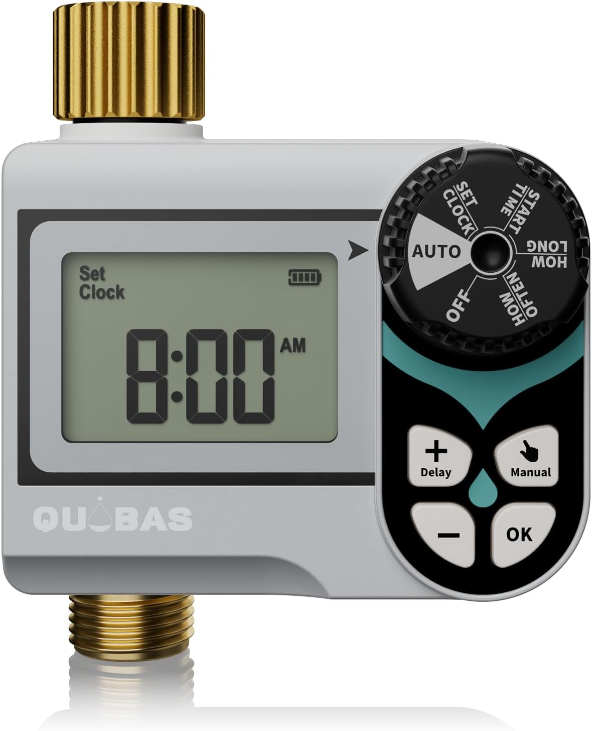 QUOBAS Low Pressure Sprinkler Timer with Brass Inlet & Outlet, Water Timer for Garden Hose, Rain Delay, Manual/Automatic Watering, Ball Valve System Compatible with Rain Barrel