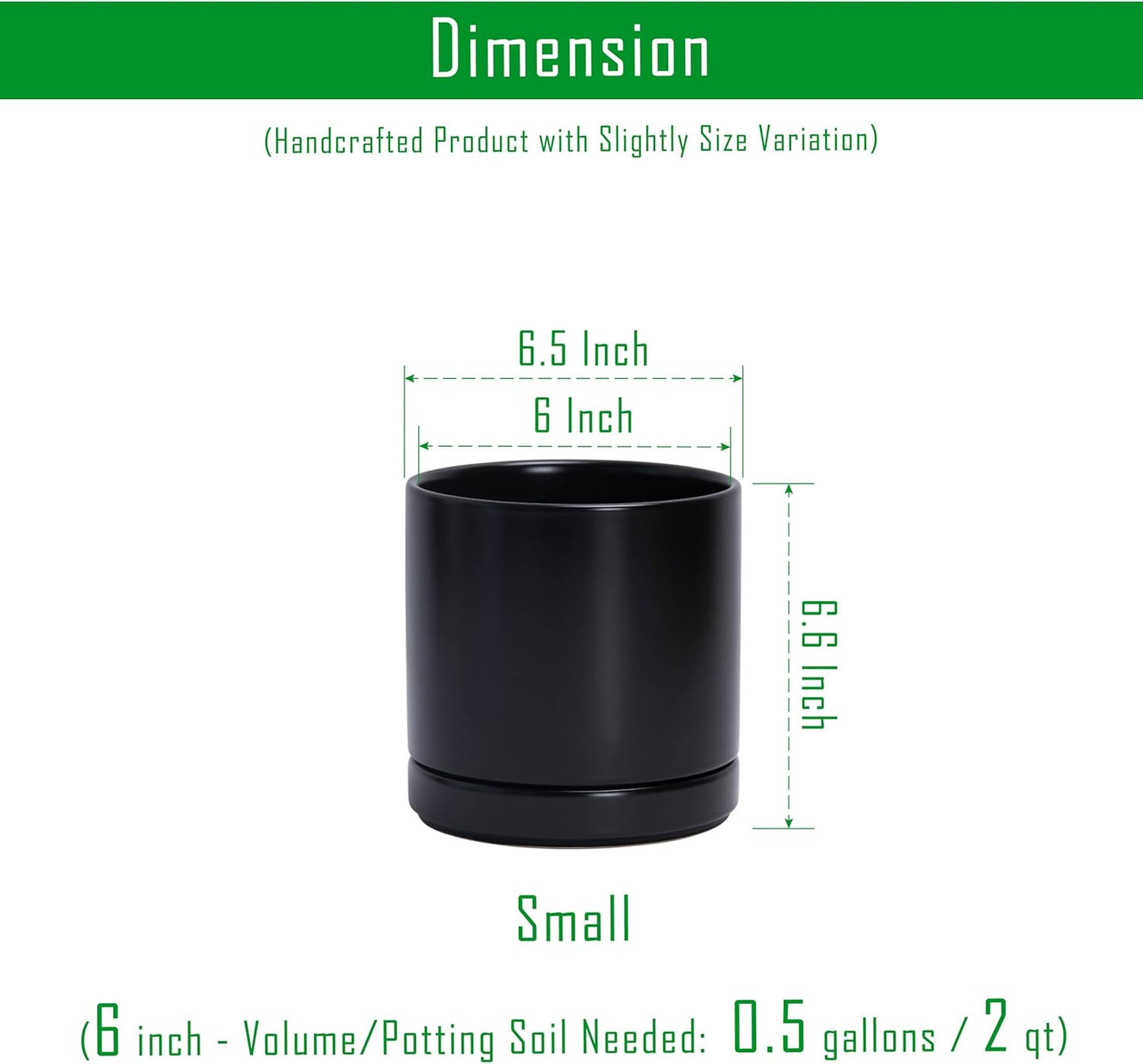 D'vine Dev 6.5 Inch Ceramic Planter Pot with Drainage Hole and Saucer, Indoor Cylinder Round Flower Pot, Black, 94-O-C-2