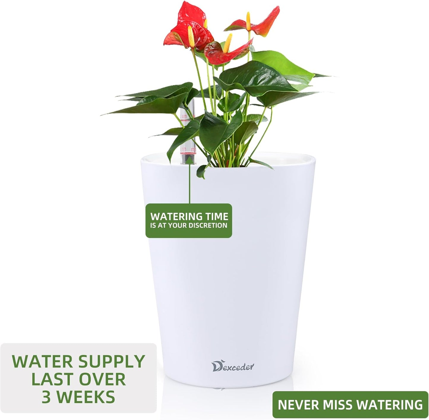 Dexceder 6x7 Self Watering Planter Indoor Outdoor, High Gloss Table Flower Plant Pot with Water Level Indicator (White)