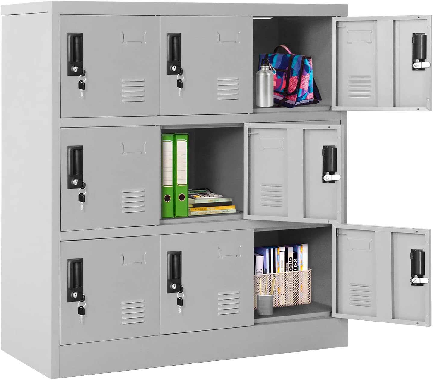 Greenvelly 9 Door Storage Locker for Employee, Metal Locker for Office, Gym, Shool,Lockable Black Steel Locker with Lock and Card Slot for Home,Garage
