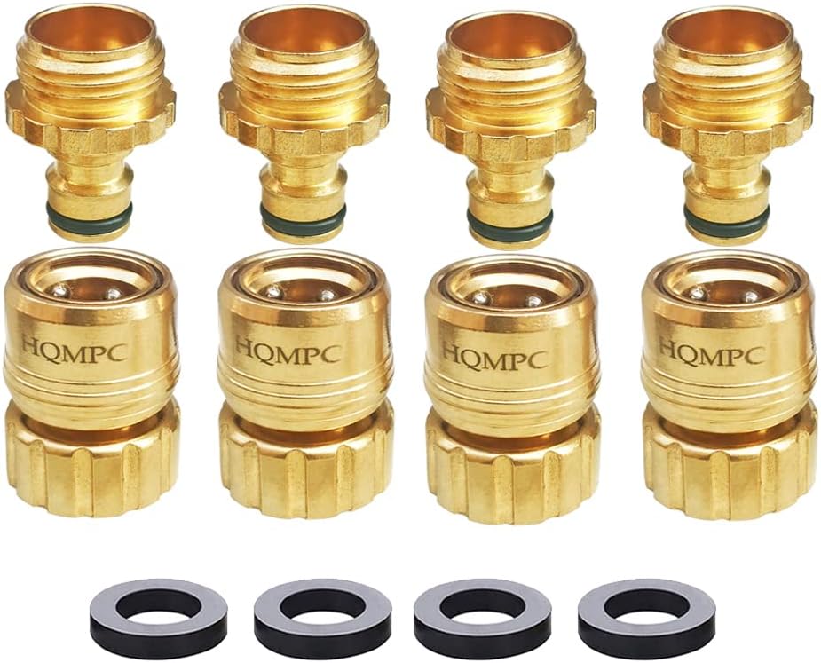 HQMPC Garden Hose Quick Connect No Pb Brass Hose Quick Connect Quick Connect Hose Fittings Water Hose Connectors 3/4" GHT (4SETS)