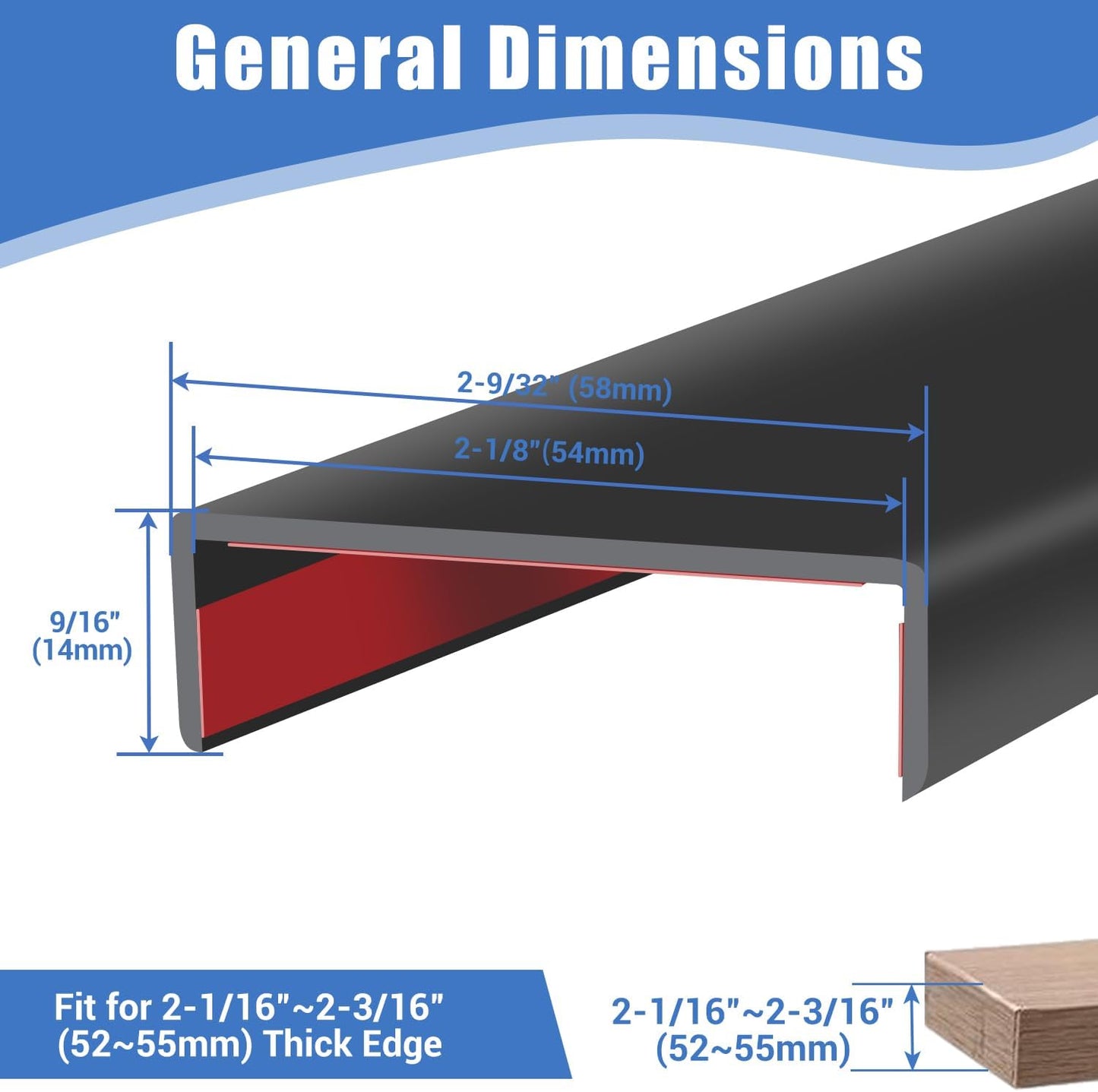 Rubber Edge Trim, Self-Adhesive U Shaped Edge Protector for Plywood, Cabinet, 2-1/8" Wood Edge Banding, Flexible Furniture Repair, EPDM Material, Fit 2-1/8"(54mm), Length 10Ft, Black