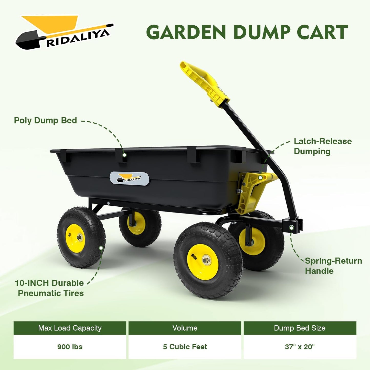 Garden Dump Cart, Heavy-Duty Utility Wagon with 900 lb Capacity, 5 Cu Ft Bed, 10" Pneumatic Tires, 180° Pivot Steering for Yard, Lawn, and Beach Use