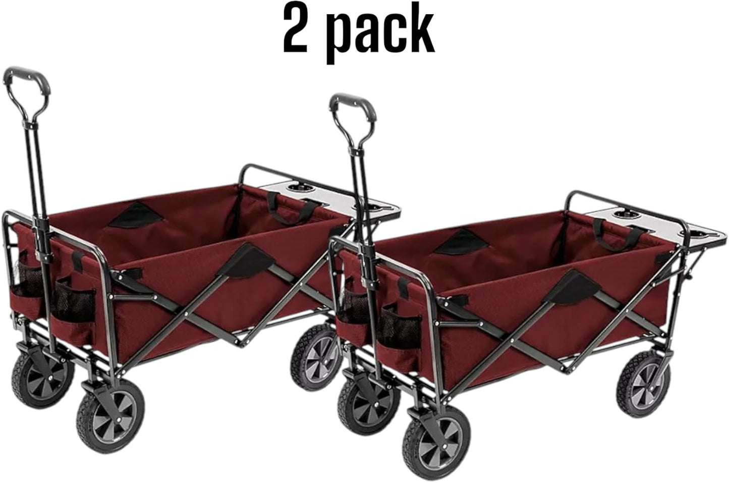 Heavy Duty Steel Frame Collapsible Folding Wagon with Table,150 Pound Capacity Outdoor Camping Garden Utility Wagon Yard Cart (Red, 2PACK)