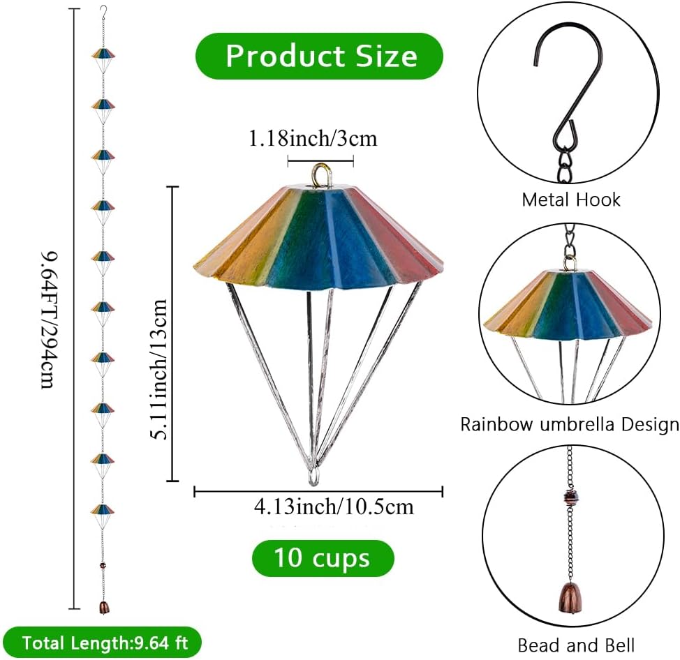 10 Ft Rain Chains for Outside, Colorful Parachute Shape Rain Catcher Chain with 10 Cups for Eaves Drainage, Replacement Downspout for Gutters