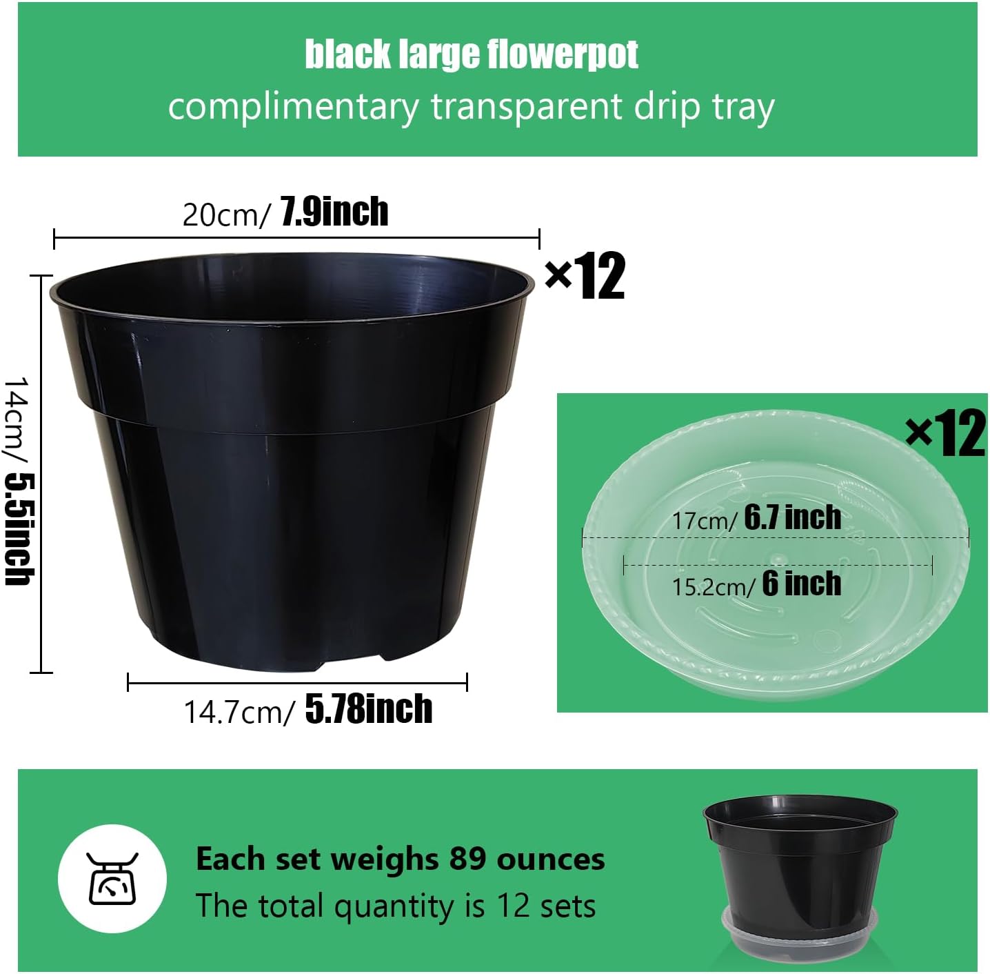 12 Pack Plant Pots, 8 Inch Plant Planter with Clear Saucer, Plastic Pots for Plants Indoor and Out Door Such as Strawberry, Herb and Flowers (Black)