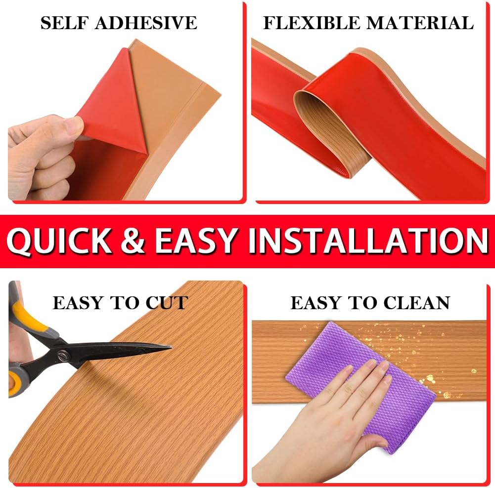 Vinyl Wall Base Baseboard Molding Trim 6" Flexible Self Adhesive Rubber Wall Base Moulding Trim Peel and Stick Design, 6 Inch x 20 Feet, Yellow Wood